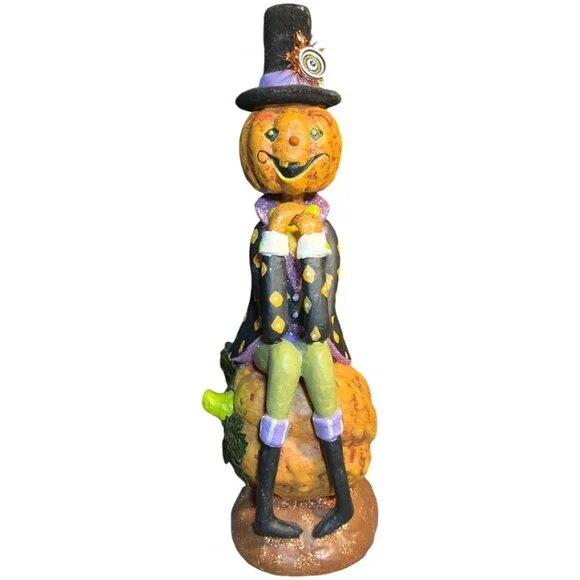 Folk Art Pumpkin Figurine Halloween Flocked Hat Whimsical Suit 12.5" tall x 6" d - Picture 1 of 16